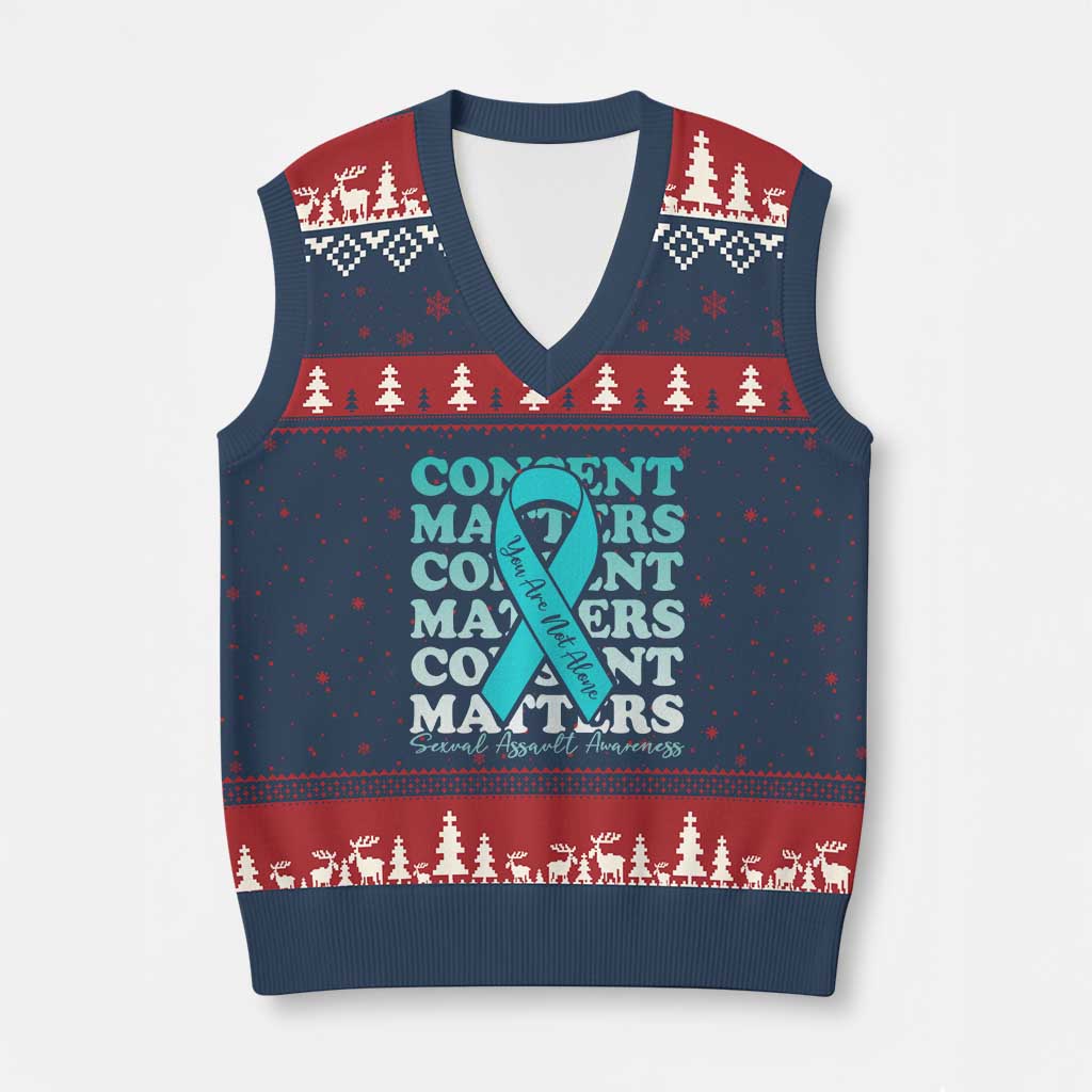 Sexual Assault Awareness Month V-Neck Knit Sweater Vest Teal Ribbon Consent Matters You Are Not Alone TS14 Navy Red Print Your Wear
