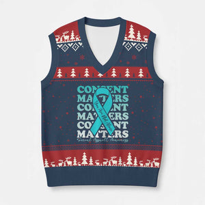 Sexual Assault Awareness Month V-Neck Knit Sweater Vest Teal Ribbon Consent Matters You Are Not Alone TS14 Navy Red Print Your Wear