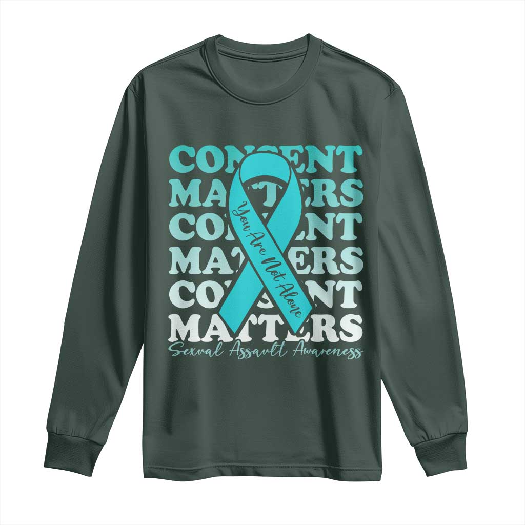 Sexual Assault Awareness Month Long Sleeve Shirt Teal Ribbon Consent Matters You Are Not Alone TS14 Dark Forest Green Print Your Wear