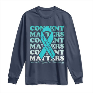 Sexual Assault Awareness Month Long Sleeve Shirt Teal Ribbon Consent Matters You Are Not Alone TS14 Navy Print Your Wear