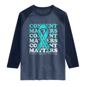 Sexual Assault Awareness Month Raglan Shirt Teal Ribbon Consent Matters You Are Not Alone TS14 Heather Denim Navy Print Your Wear