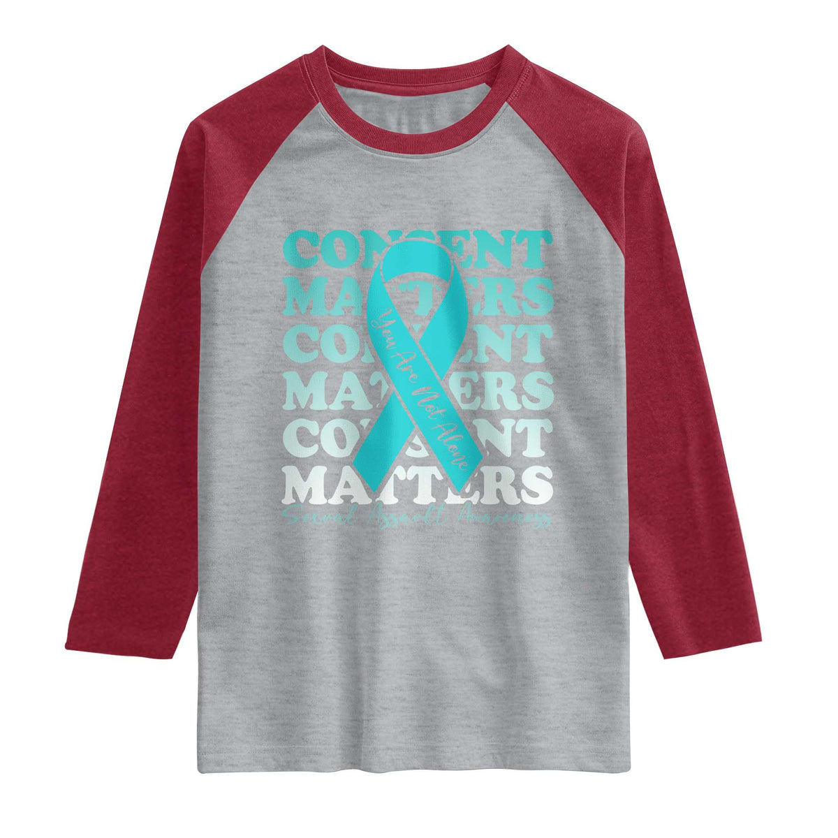 Sexual Assault Awareness Month Raglan Shirt Teal Ribbon Consent Matters You Are Not Alone TS14 Heather Gray Heather Red Print Your Wear