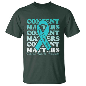 Sexual Assault Awareness Month T Shirt Teal Ribbon Consent Matters You Are Not Alone TS14 Dark Forest Green Print Your Wear