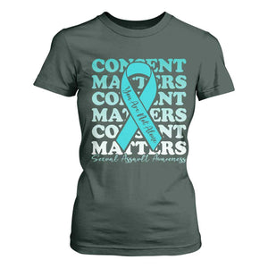 Sexual Assault Awareness Month T Shirt For Women Teal Ribbon Consent Matters You Are Not Alone TS14 Dark Forest Green Print Your Wear