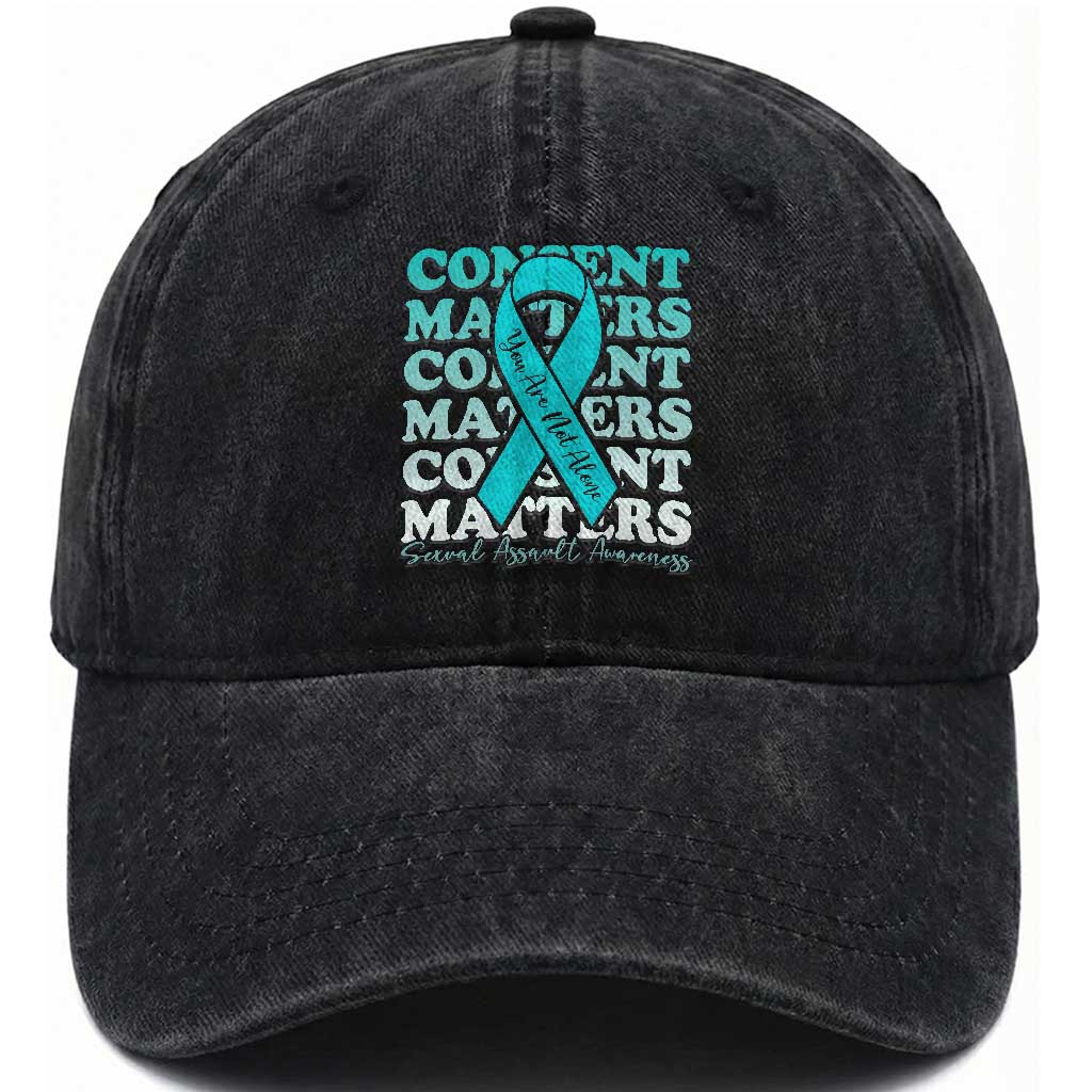 Sexual Assault Awareness Month Washed Cotton Baseball Cap Teal Ribbon Consent Matters You Are Not Alone TS14 Washed Cap Universal Fit Black Print Your Wear