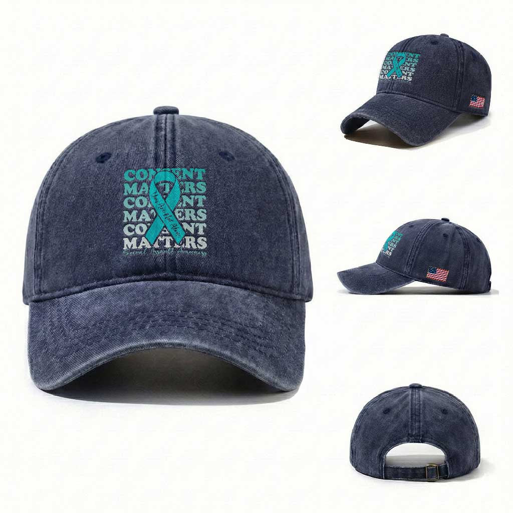 Sexual Assault Awareness Month Washed Cotton Baseball Cap Teal Ribbon Consent Matters You Are Not Alone TS14 Washed Cap Universal Fit Navy Print Your Wear