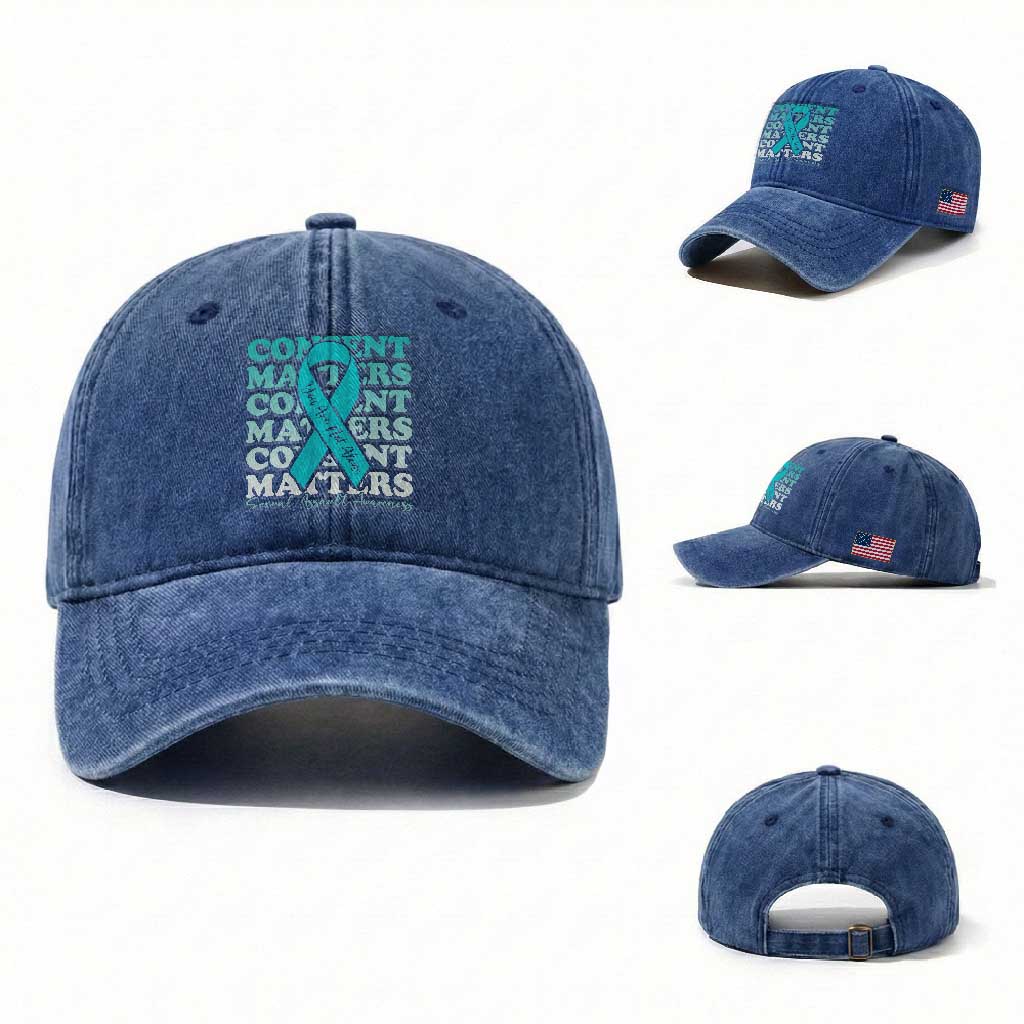 Sexual Assault Awareness Month Washed Cotton Baseball Cap Teal Ribbon Consent Matters You Are Not Alone TS14 Washed Cap Universal Fit Royal Blue Print Your Wear
