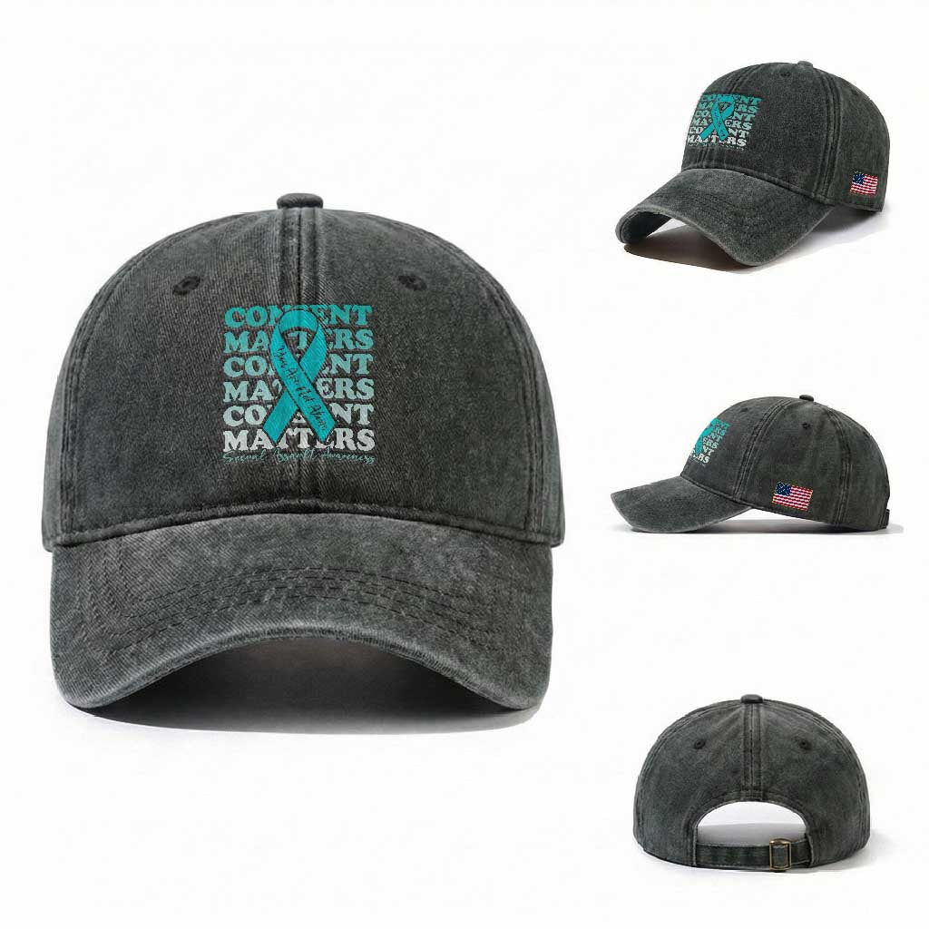 Sexual Assault Awareness Month Washed Cotton Baseball Cap Teal Ribbon Consent Matters You Are Not Alone TS14 Washed Cap Universal Fit Dark Green Print Your Wear