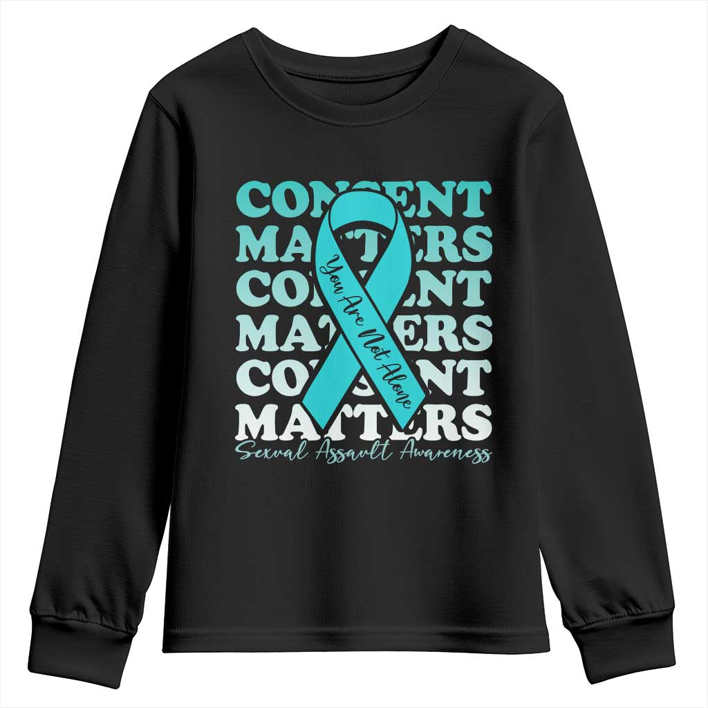 Sexual Assault Awareness Month Youth Sweatshirt Teal Ribbon Consent Matters You Are Not Alone TS14 Black Print Your Wear