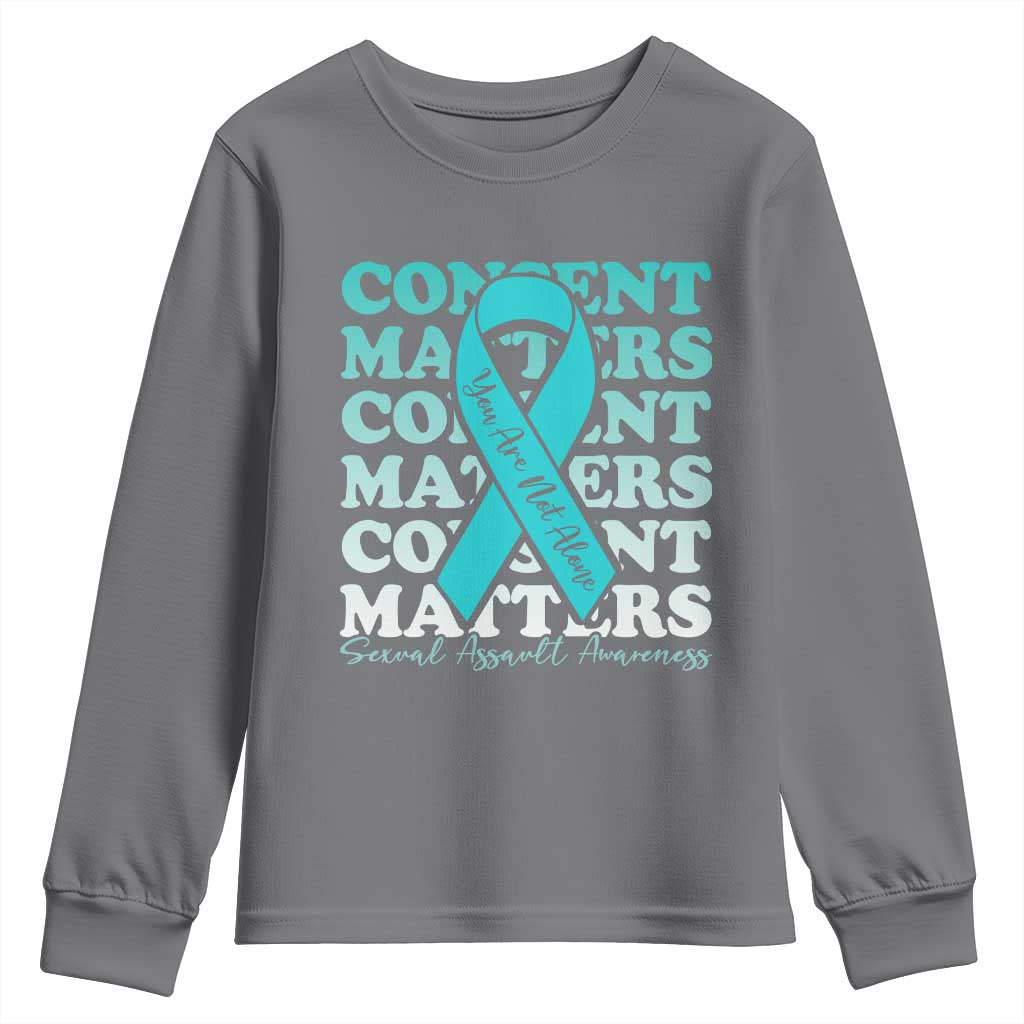 Sexual Assault Awareness Month Youth Sweatshirt Teal Ribbon Consent Matters You Are Not Alone TS14 Charcoal Print Your Wear
