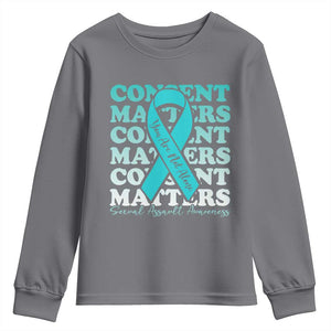 Sexual Assault Awareness Month Youth Sweatshirt Teal Ribbon Consent Matters You Are Not Alone TS14 Charcoal Print Your Wear