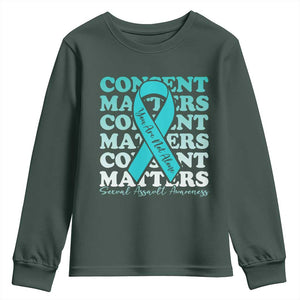 Sexual Assault Awareness Month Youth Sweatshirt Teal Ribbon Consent Matters You Are Not Alone TS14 Dark Forest Green Print Your Wear