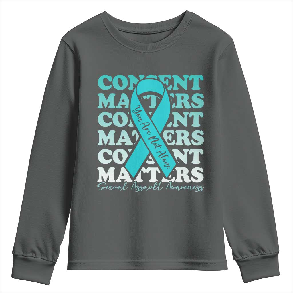 Sexual Assault Awareness Month Youth Sweatshirt Teal Ribbon Consent Matters You Are Not Alone TS14 Dark Heather Print Your Wear