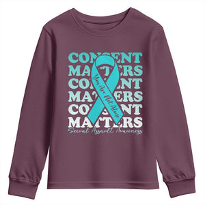 Sexual Assault Awareness Month Youth Sweatshirt Teal Ribbon Consent Matters You Are Not Alone TS14 Maroon Print Your Wear