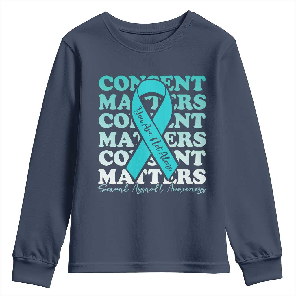Sexual Assault Awareness Month Youth Sweatshirt Teal Ribbon Consent Matters You Are Not Alone TS14 Navy Print Your Wear