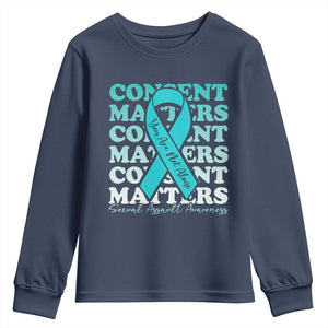 Sexual Assault Awareness Month Youth Sweatshirt Teal Ribbon Consent Matters You Are Not Alone TS14 Navy Print Your Wear