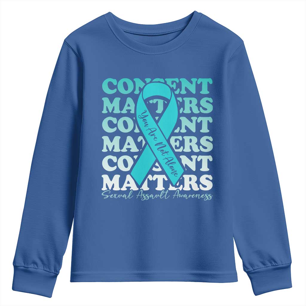 Sexual Assault Awareness Month Youth Sweatshirt Teal Ribbon Consent Matters You Are Not Alone TS14 Royal Blue Print Your Wear