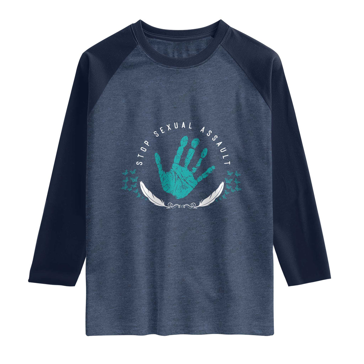 Stop Sexual Assault Awareness Survivor Raglan Shirt TS14 Heather Denim Navy Print Your Wear