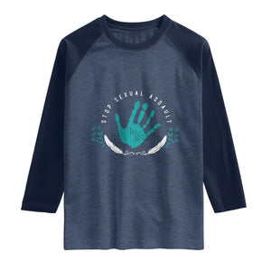 Stop Sexual Assault Awareness Survivor Raglan Shirt TS14 Heather Denim Navy Print Your Wear