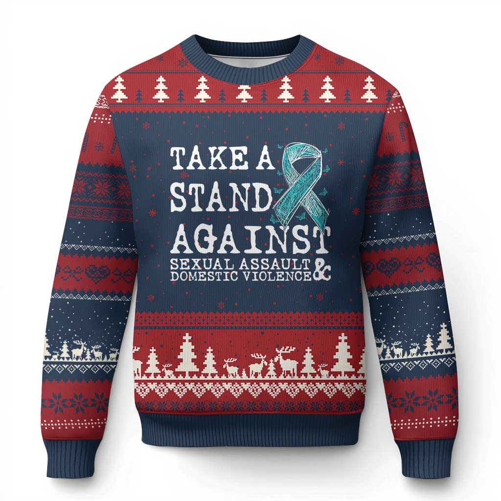 Sexual Assault Awareness Month Ugly Christmas Sweater Stand Against Sexual Assault & Domestic Violence TS14 Navy Red Print Your Wear