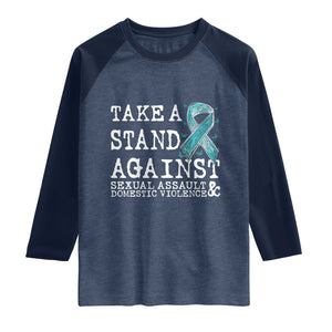 Sexual Assault Awareness Month Raglan Shirt Stand Against Sexual Assault & Domestic Violence TS14 Heather Denim Navy Print Your Wear