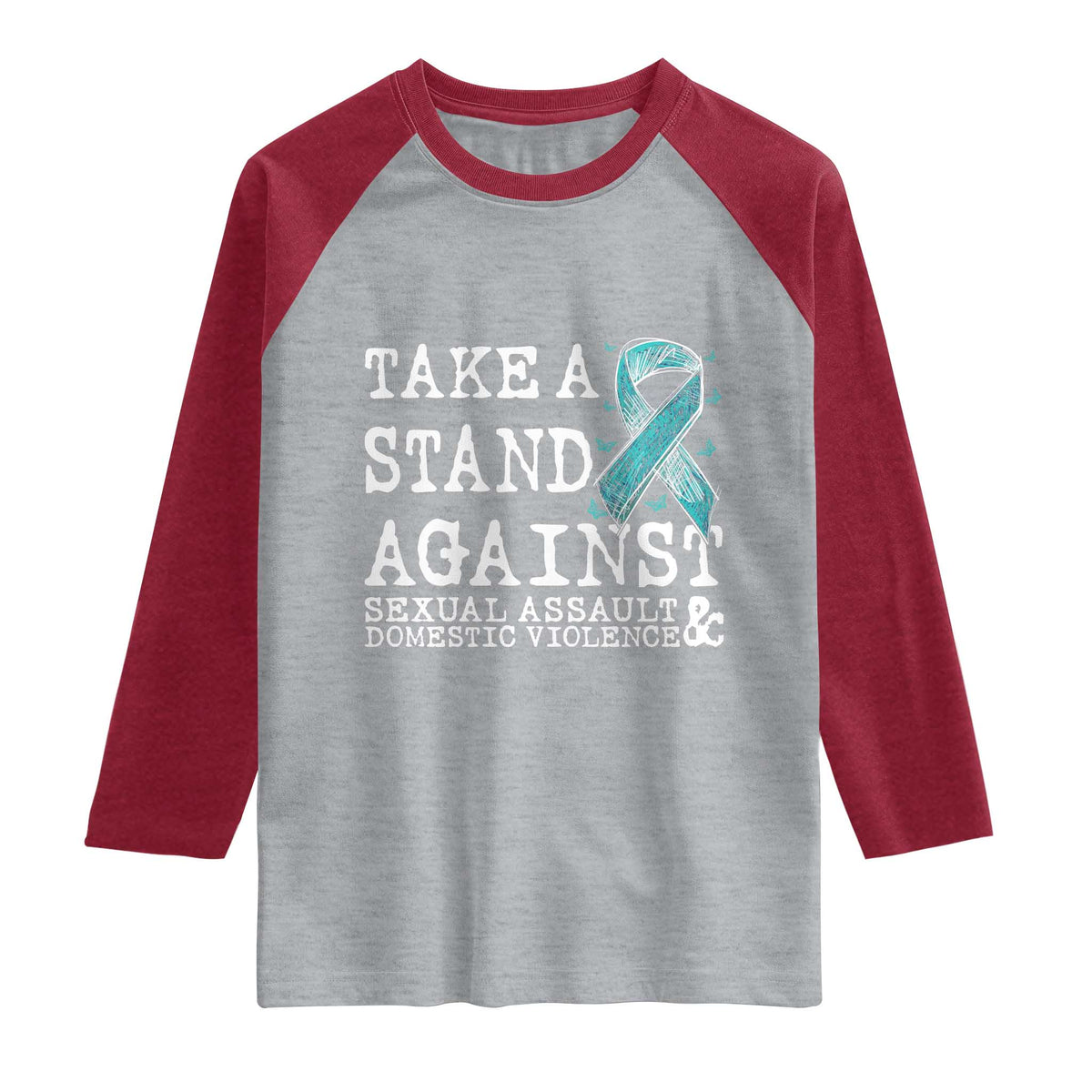 Sexual Assault Awareness Month Raglan Shirt Stand Against Sexual Assault & Domestic Violence TS14 Heather Gray Heather Red Print Your Wear