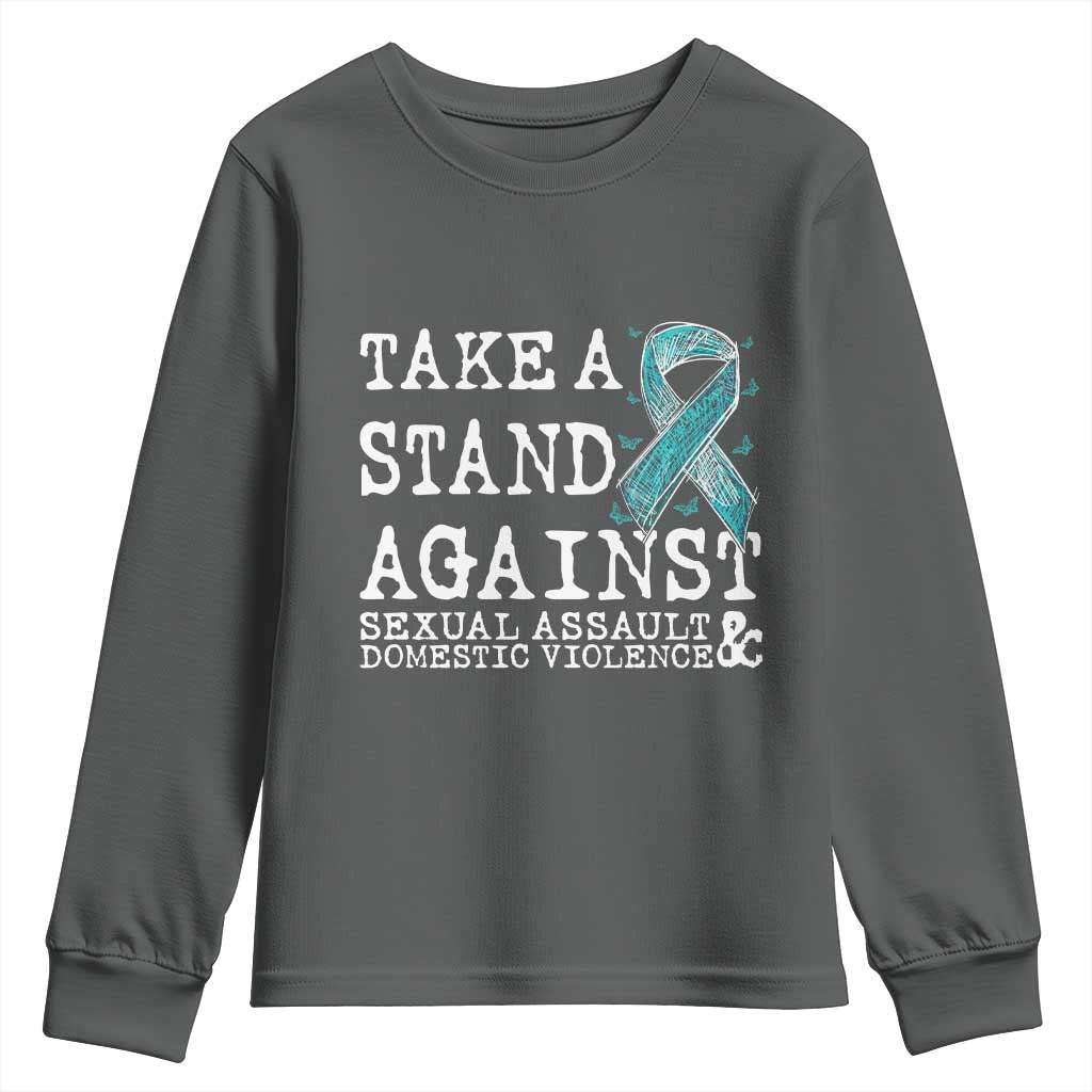 Sexual Assault Awareness Month Youth Sweatshirt Stand Against Sexual Assault & Domestic Violence TS14 Dark Heather Print Your Wear