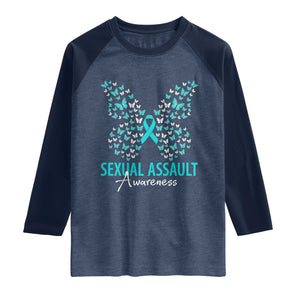 Sexual Assault Awareness Butterfly Ribbon Raglan Shirt TS14 Heather Denim Navy Print Your Wear