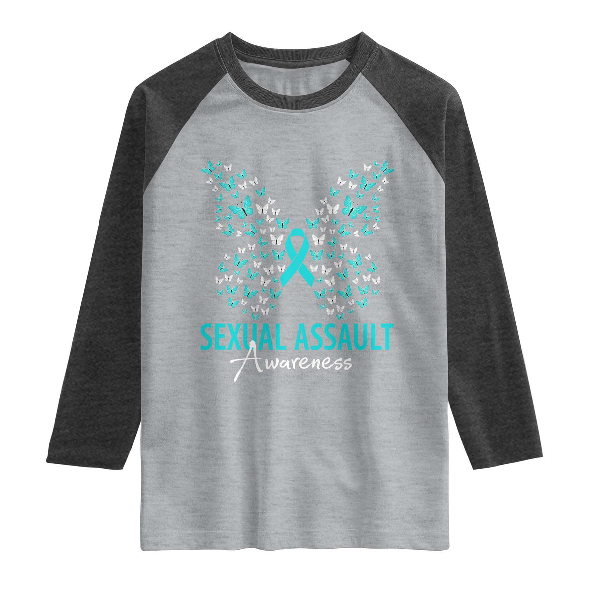 Sexual Assault Awareness Butterfly Ribbon Raglan Shirt TS14 Heather Gray Heather Charcoal Print Your Wear