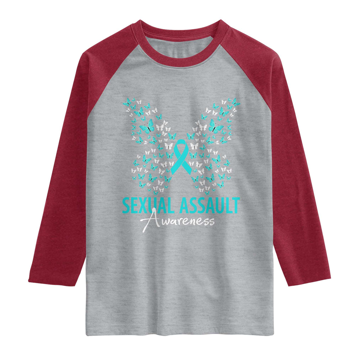 Sexual Assault Awareness Butterfly Ribbon Raglan Shirt TS14 Heather Gray Heather Red Print Your Wear