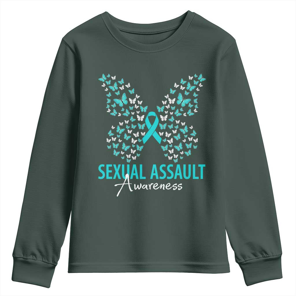 Sexual Assault Awareness Butterfly Ribbon Youth Sweatshirt TS14 Dark Forest Green Print Your Wear