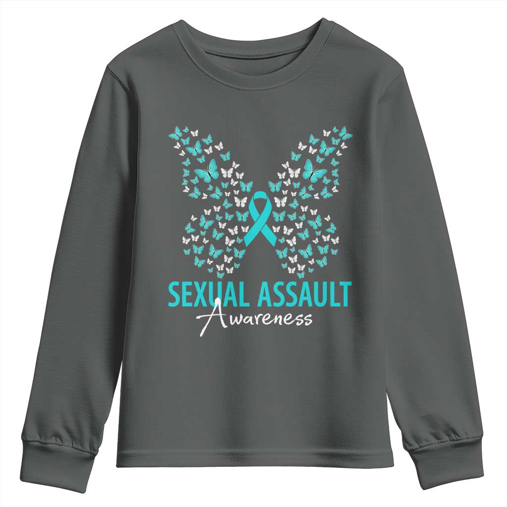 Sexual Assault Awareness Butterfly Ribbon Youth Sweatshirt TS14 Dark Heather Print Your Wear