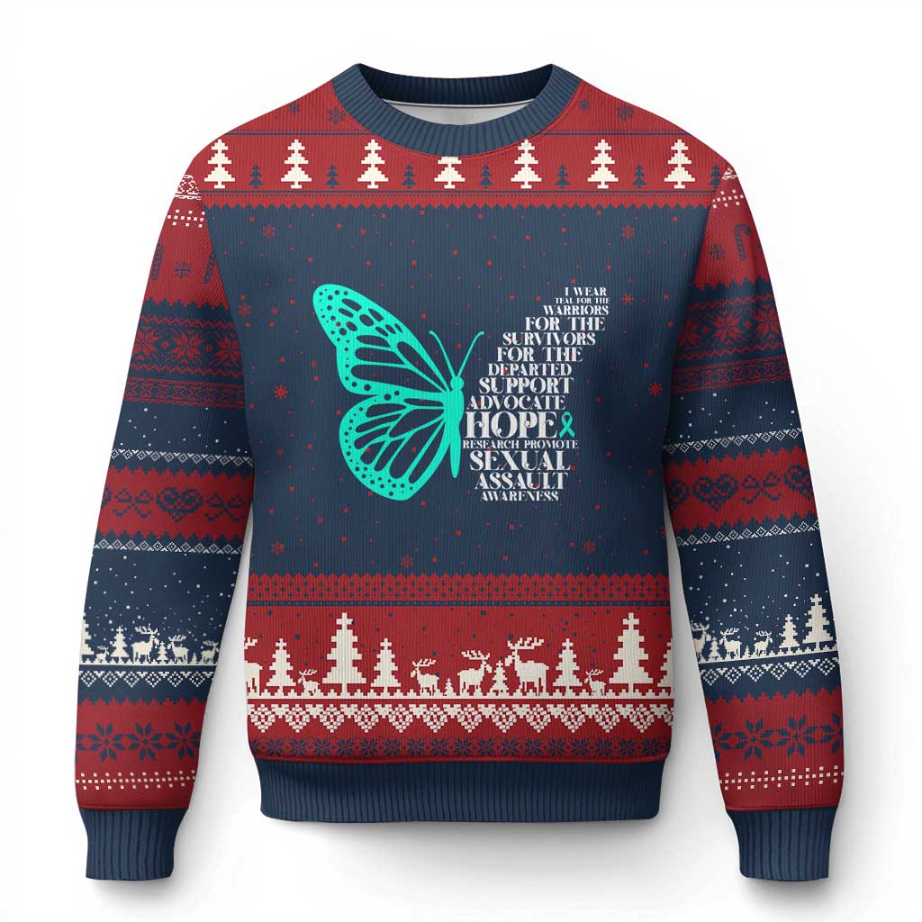 I Wear Teal For Sexual Assault Awareness Ugly Christmas Sweater TS14 Navy Red Print Your Wear