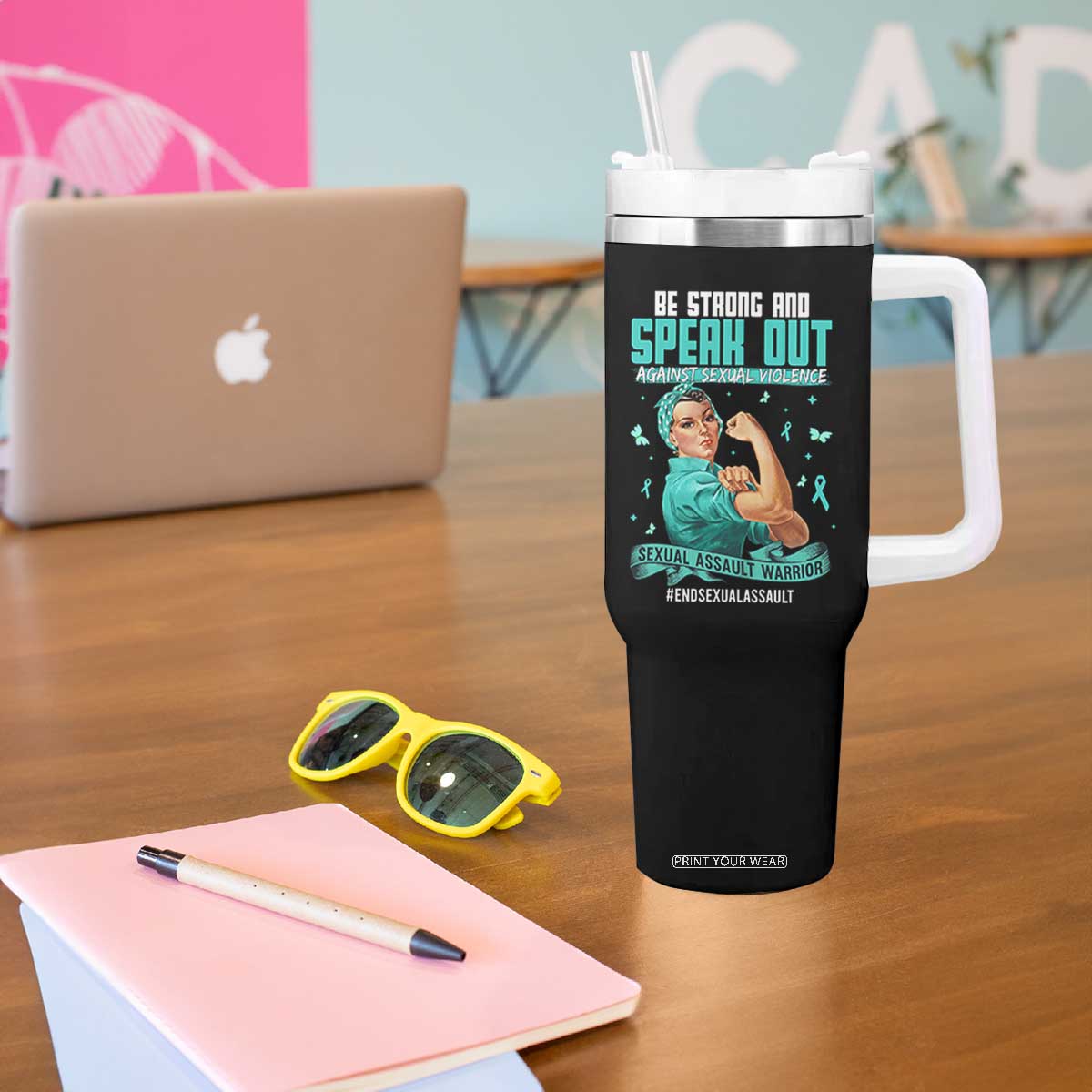 Sexual Assault Awareness Tumbler With Handle Be Strong And Speak Out Against Sexual Violence TS14 Print Your Wear