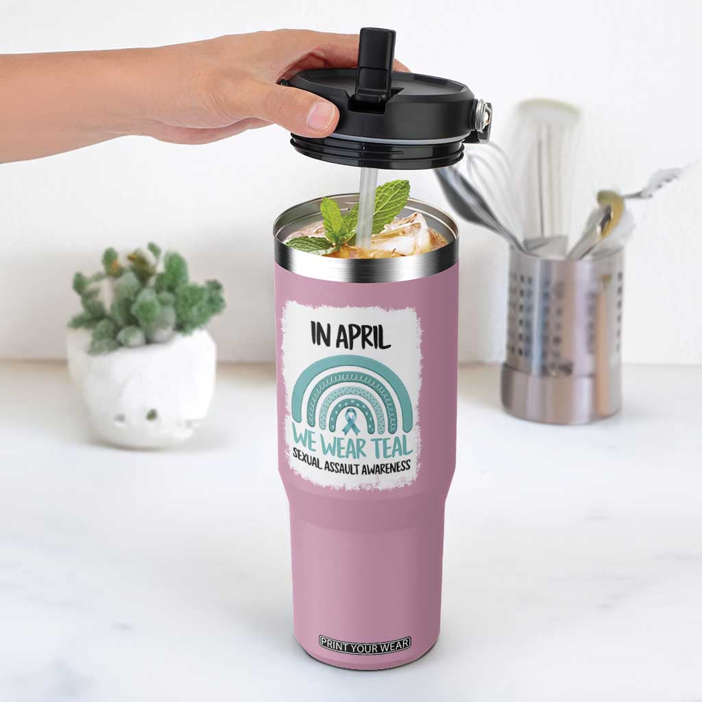 Sexual Assault Awareness Flip Straw Tumbler In April We Wear Teal Ribbon TS14 One Size: 30 oz Light Pink Print Your Wear