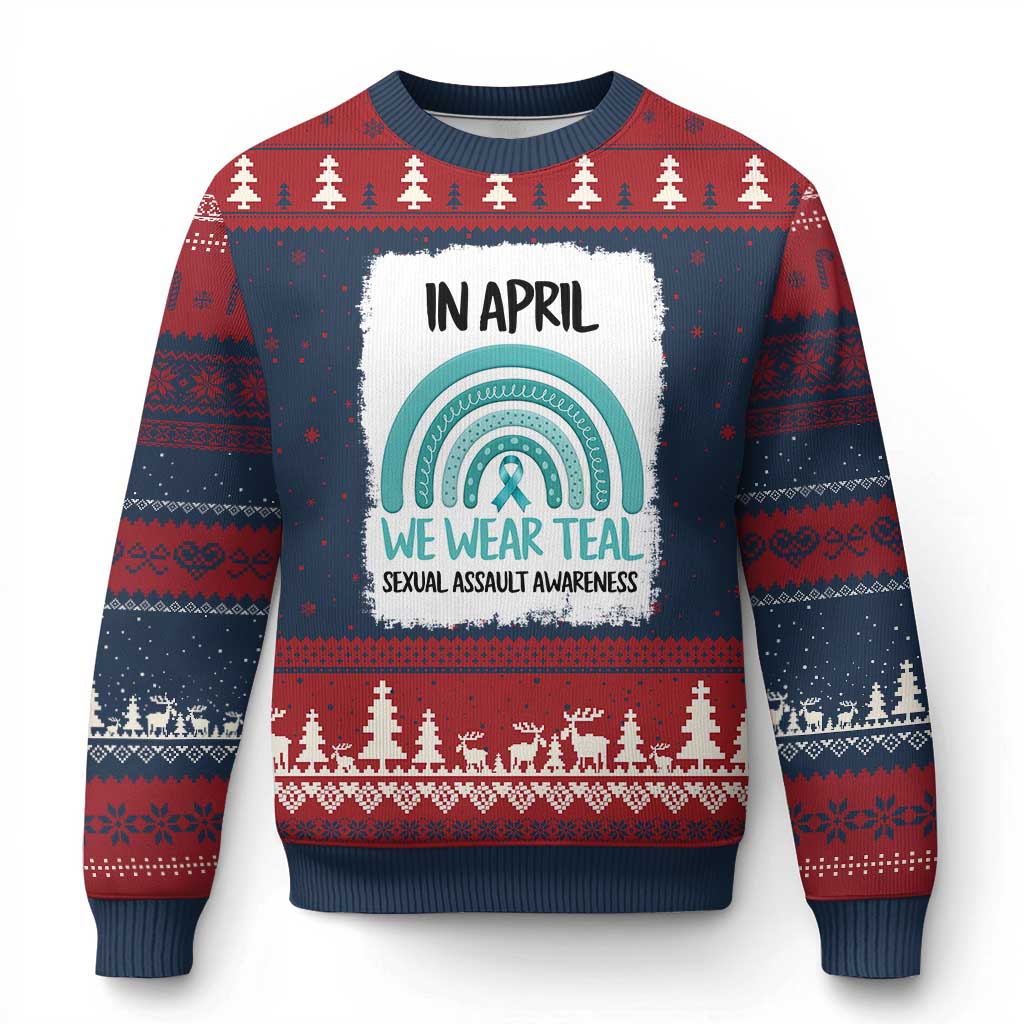 Sexual Assault Awareness Ugly Christmas Sweater In April We Wear Teal Ribbon TS14 Navy Red Print Your Wear