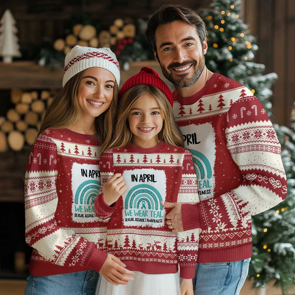 Sexual Assault Awareness Ugly Christmas Sweater In April We Wear Teal Ribbon TS14 Red Beige Print Your Wear
