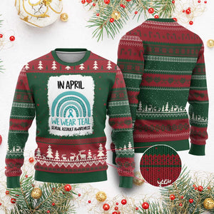 Sexual Assault Awareness Ugly Christmas Sweater In April We Wear Teal Ribbon TS14 Red Green Print Your Wear