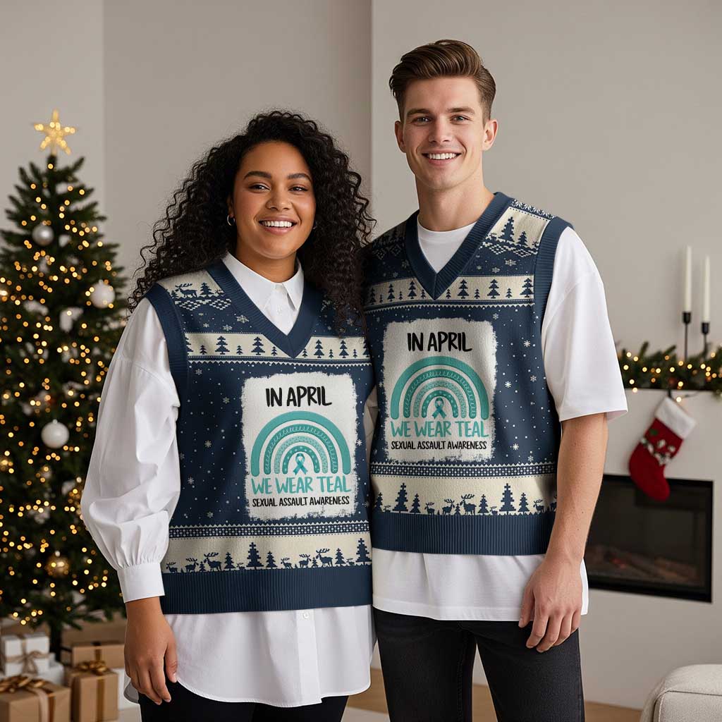 Sexual Assault Awareness V-Neck Knit Sweater Vest In April We Wear Teal Ribbon TS14 Navy Beige Print Your Wear