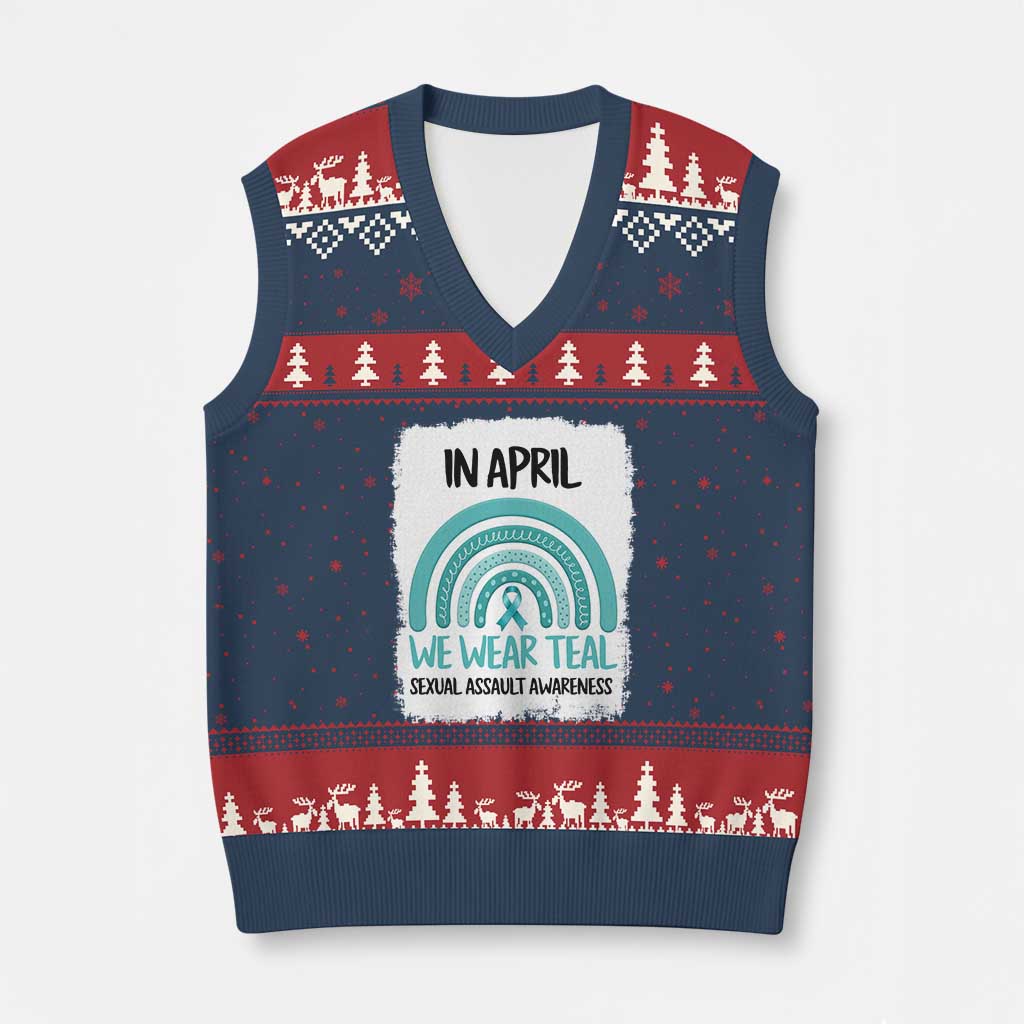 Sexual Assault Awareness V-Neck Knit Sweater Vest In April We Wear Teal Ribbon TS14 Navy Red Print Your Wear