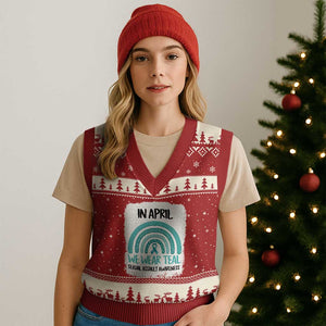Sexual Assault Awareness V-Neck Knit Sweater Vest In April We Wear Teal Ribbon TS14 Red Beige Print Your Wear