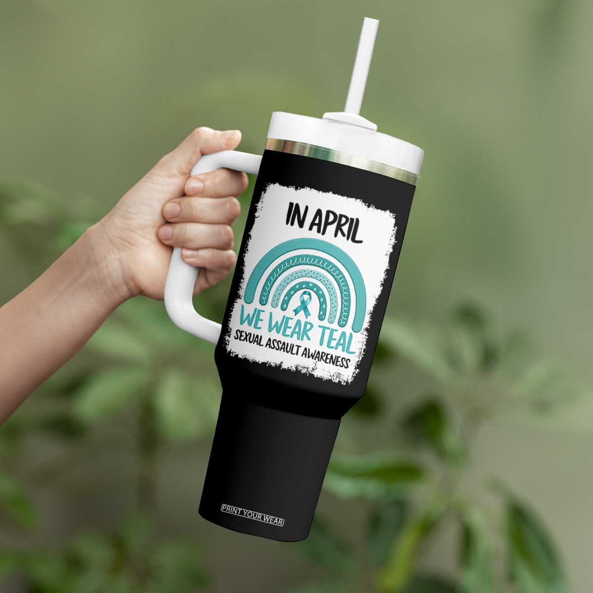 Sexual Assault Awareness Tumbler With Handle In April We Wear Teal Ribbon TS14 Print Your Wear
