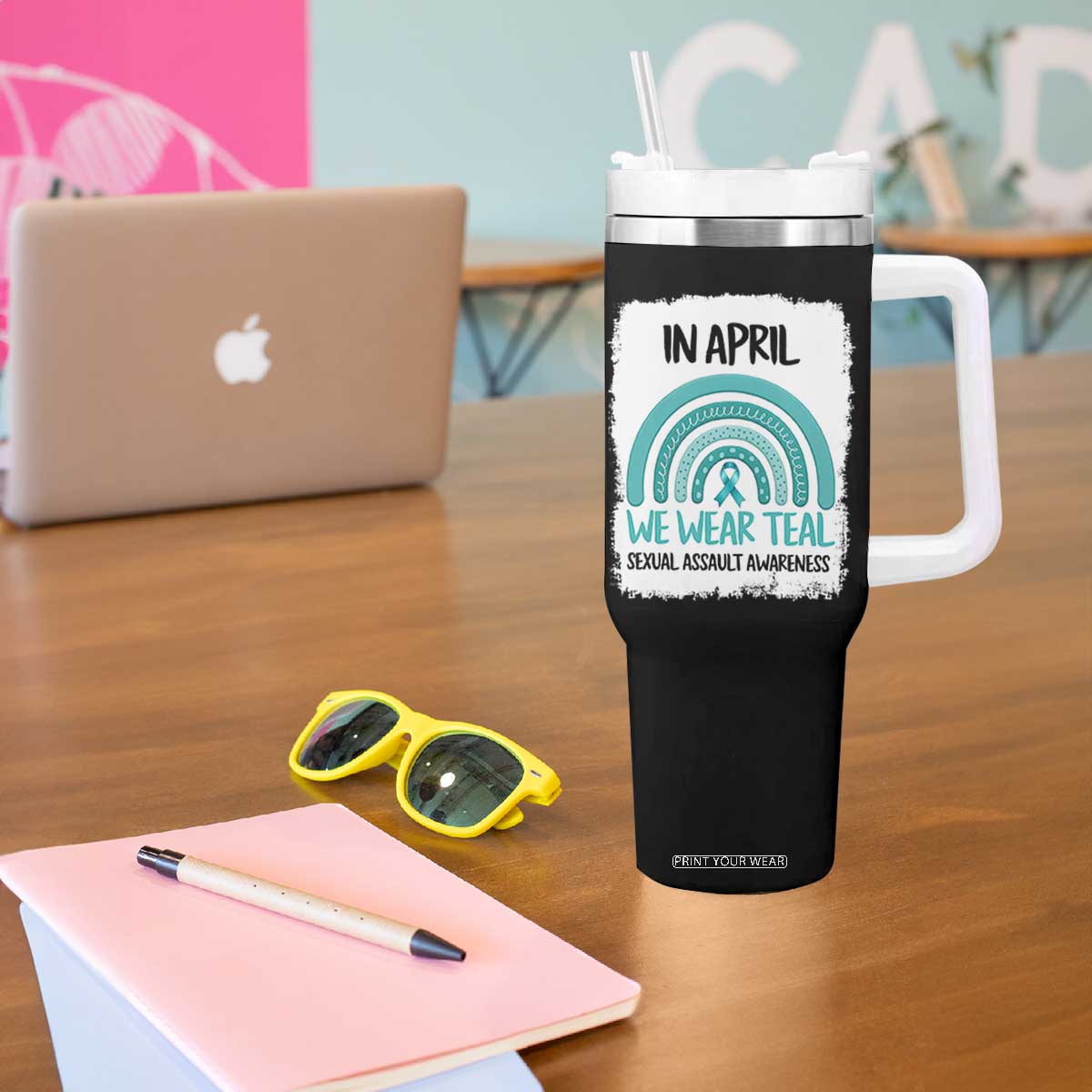 Sexual Assault Awareness Tumbler With Handle In April We Wear Teal Ribbon TS14 Print Your Wear