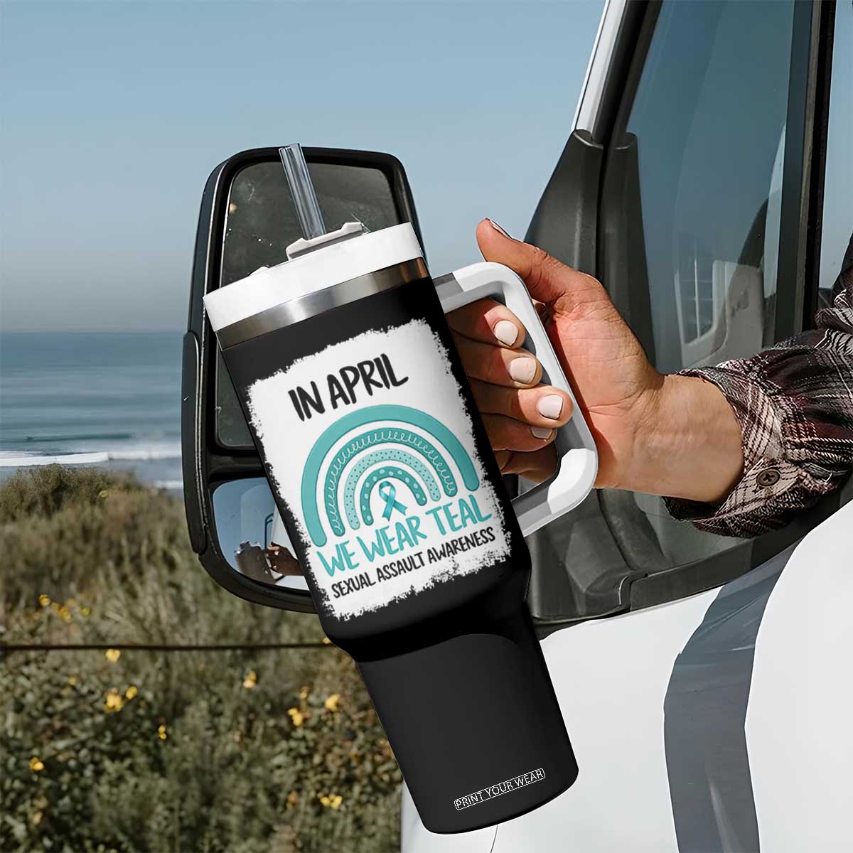 Sexual Assault Awareness Tumbler With Handle In April We Wear Teal Ribbon TS14 Print Your Wear
