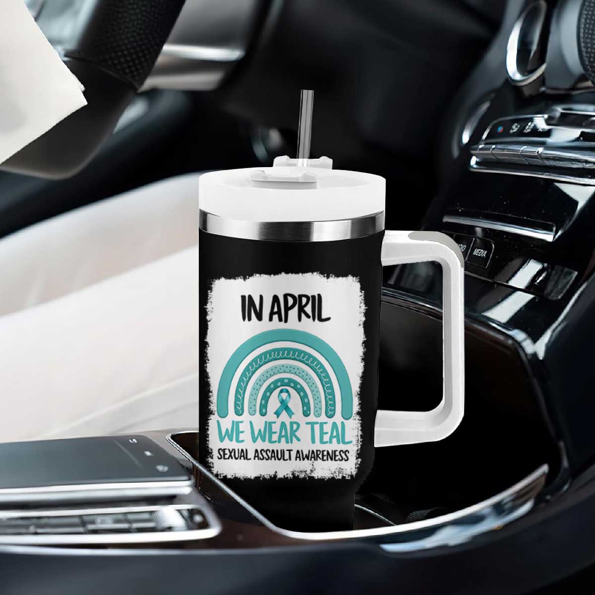 Sexual Assault Awareness Tumbler With Handle In April We Wear Teal Ribbon TS14 Print Your Wear