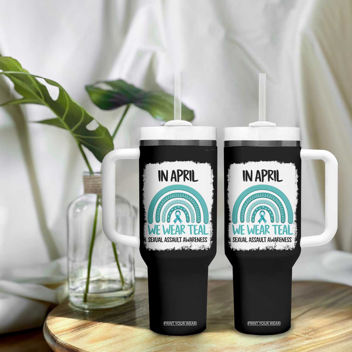 Sexual Assault Awareness Tumbler With Handle In April We Wear Teal Ribbon TS14 Print Your Wear