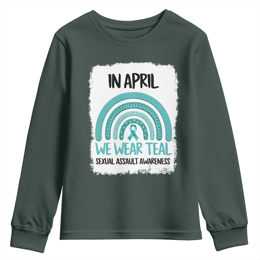 Sexual Assault Awareness Youth Sweatshirt In April We Wear Teal Ribbon TS14 Dark Forest Green Print Your Wear