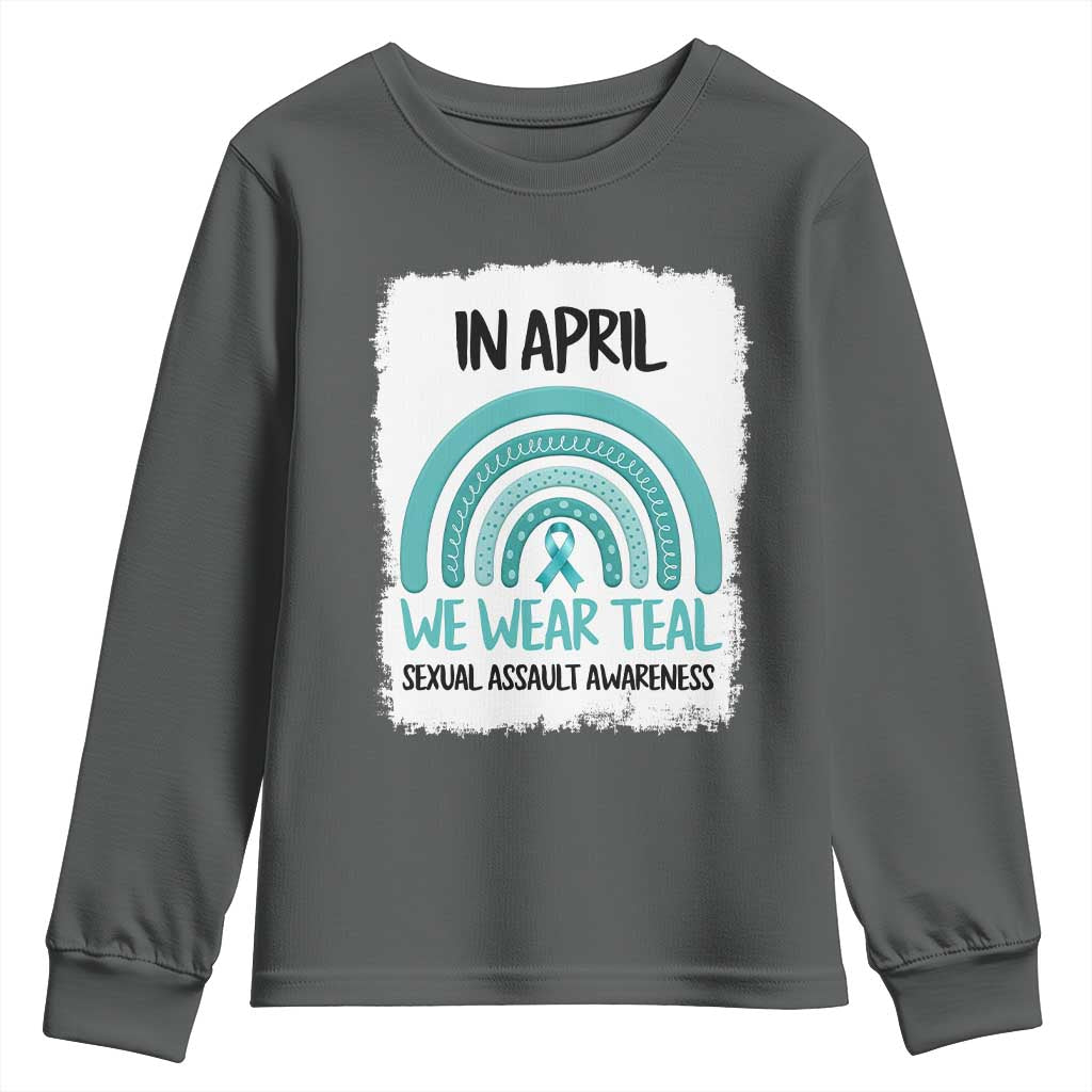 Sexual Assault Awareness Youth Sweatshirt In April We Wear Teal Ribbon TS14 Dark Heather Print Your Wear