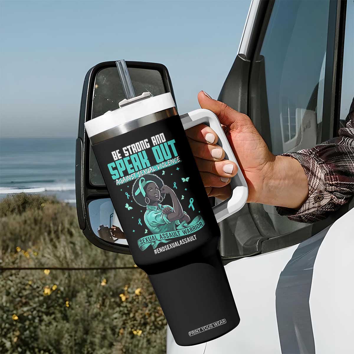 Sexual Assault Awareness Tumbler With Handle Support African Women Stop Sexual Abuse Awareness TS14 Print Your Wear