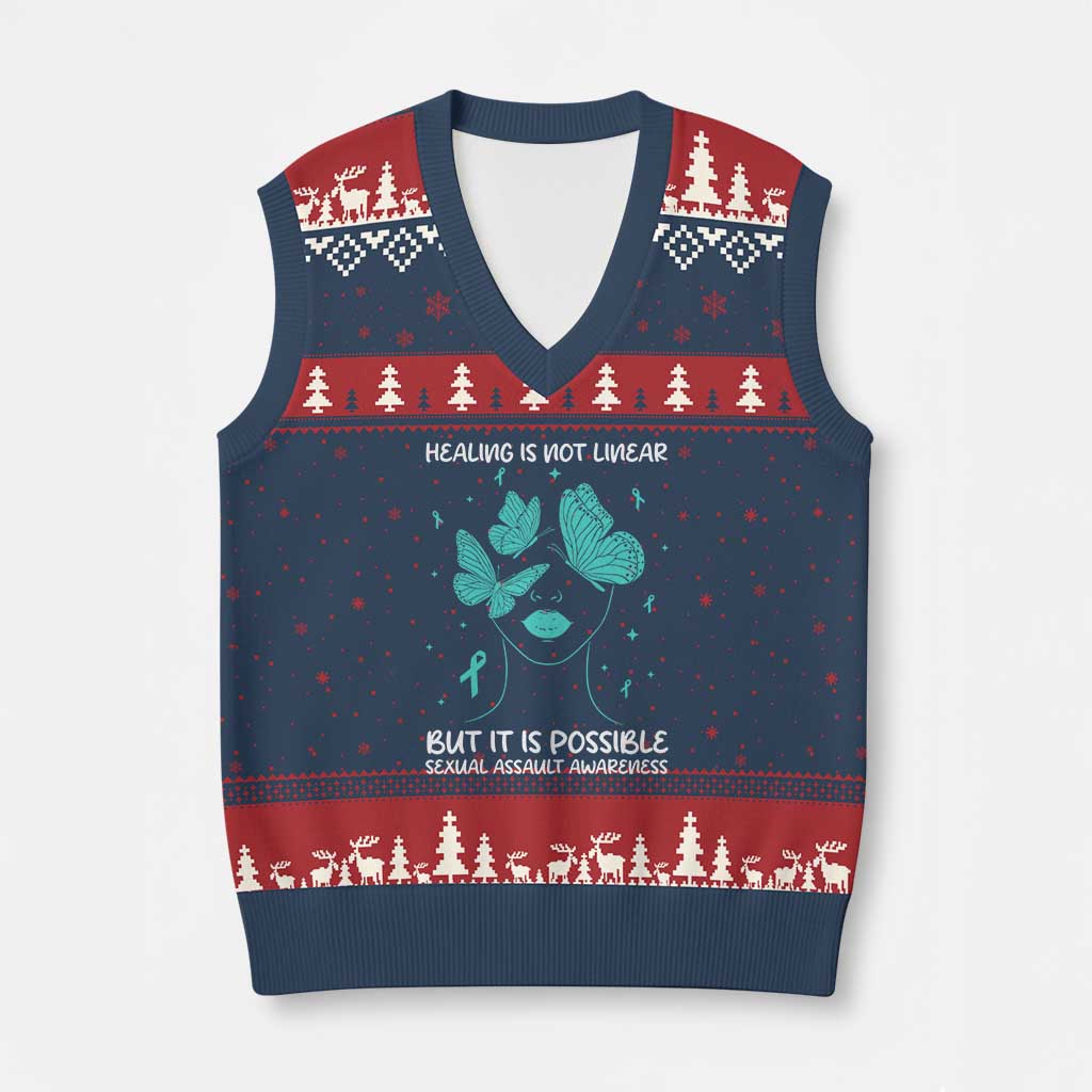 Sexual Assault Awareness V-Neck Knit Sweater Vest Healing Is Not Linear But It Is Possible TS14 Navy Red Print Your Wear